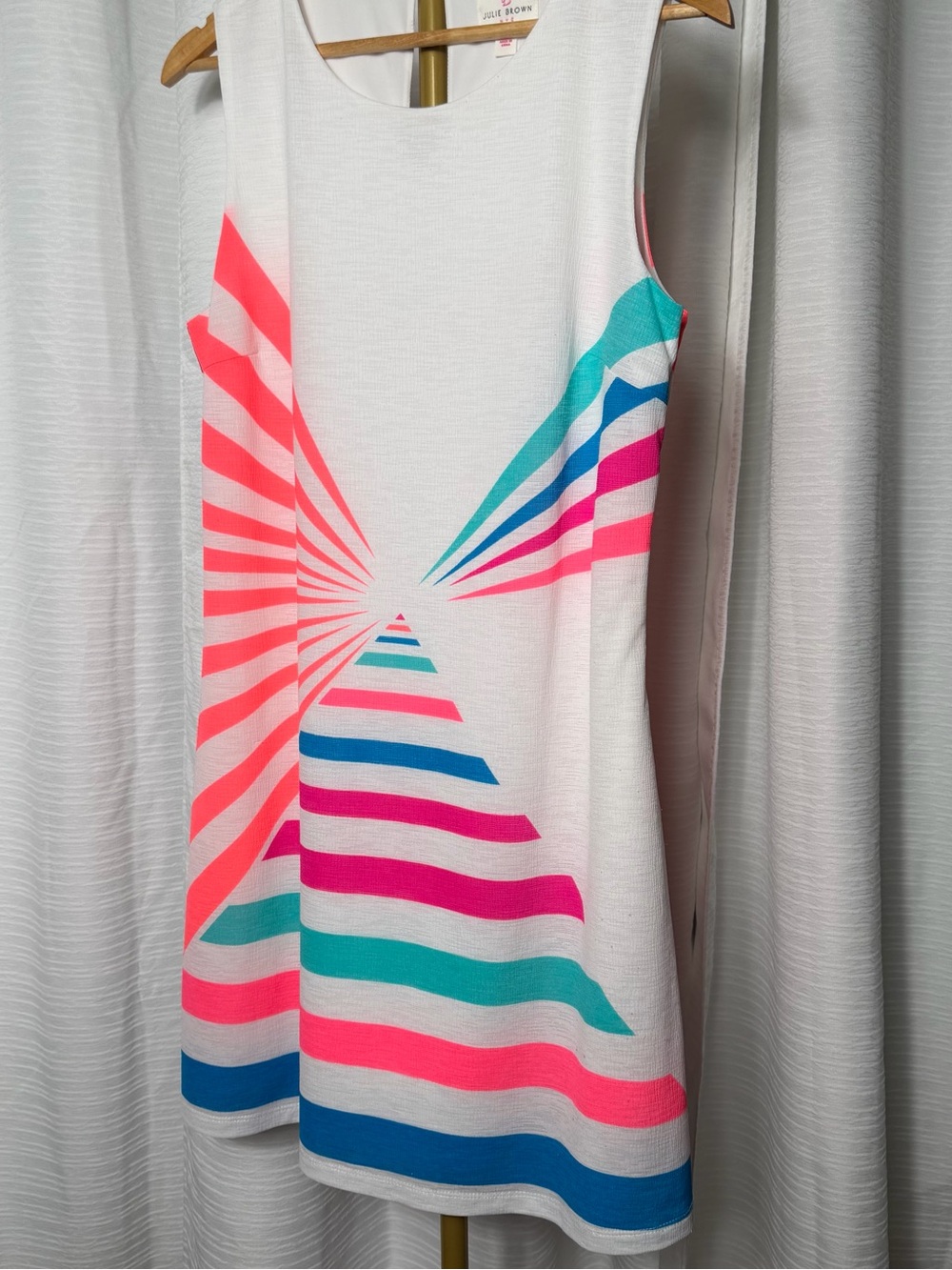 JB by Julie Brown White Sleeveless Dress with Neon Pink, Teal & Blue Stripes